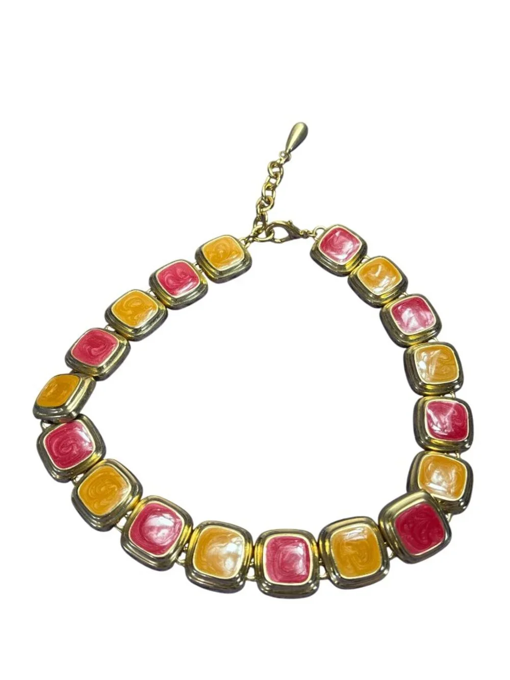 Vintage Goldtone Squares Enamel Necklace Red Yellow Long Rust Spot on the Back